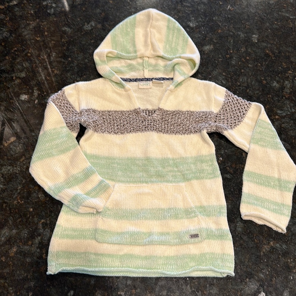 Roxy lightweight sweater. Light aqua & cream, grey. Front pouch pocket.